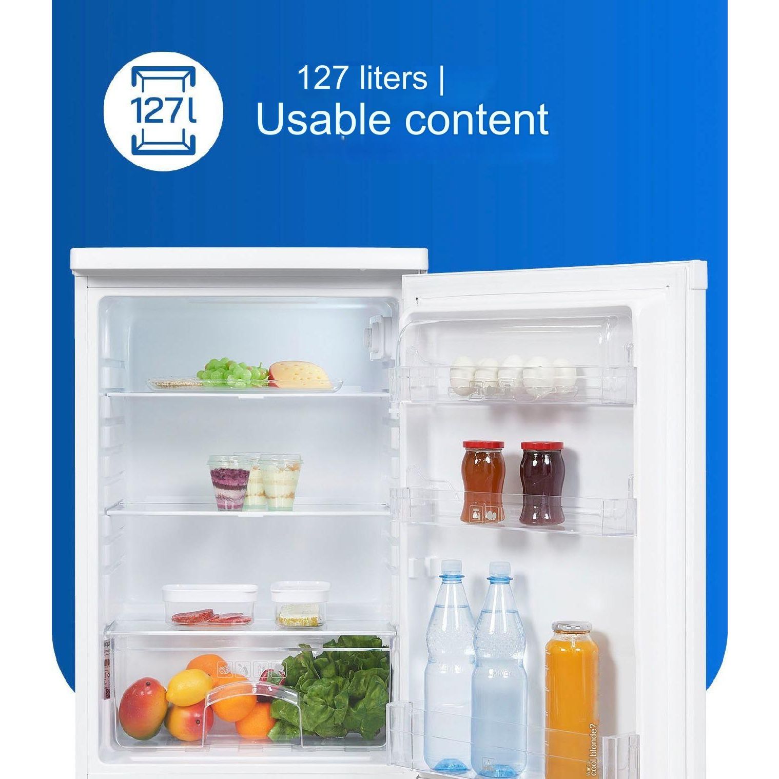 Frigider minibar Exquisit, H 85.5 cm, capacitate 127 litri, undercounter, usa reversibila, control temperatura, compartiment pentru legume/fructe, ideal pentru HoReCa/birou/rulota, iluminat interior LED, picioare ajustabile, alb