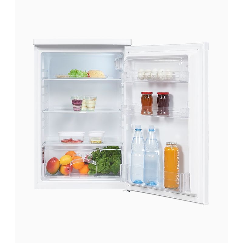 Frigider minibar Exquisit, H 85.5 cm, capacitate 127 litri, undercounter, usa reversibila, control temperatura, compartiment pentru legume/fructe, ideal pentru HoReCa/birou/rulota, iluminat interior LED, picioare ajustabile, alb