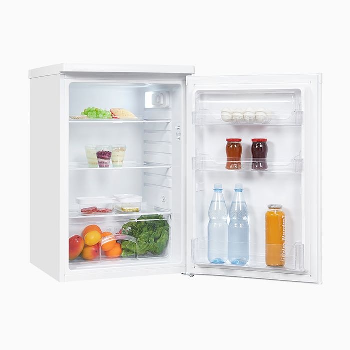 Frigider minibar Exquisit, H 85.5 cm, capacitate 127 litri, undercounter, usa reversibila, control temperatura, compartiment pentru legume/fructe, ideal pentru HoReCa/birou/rulota, iluminat interior LED, picioare ajustabile, alb