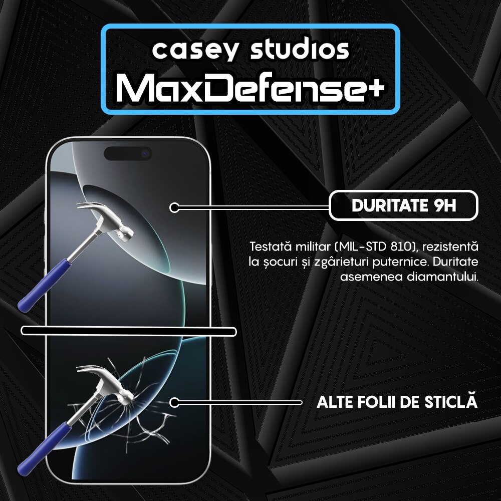 Folie Sticla CASEY STUDIOS™ compatibila cu iPhone 16 Pro, MaxDefense+, Anti Zgarieturi, Full Glue, Full Cover 3D, Protectie Ecran 3D, Duritate Ridicata, Margini Negre