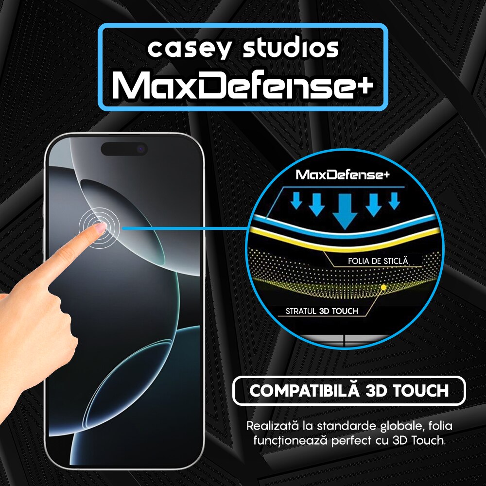 Folie Sticla CASEY STUDIOS™ compatibila cu iPhone 16 Pro, MaxDefense+, Anti Zgarieturi, Full Glue, Full Cover 3D, Protectie Ecran 3D, Duritate Ridicata, Margini Negre