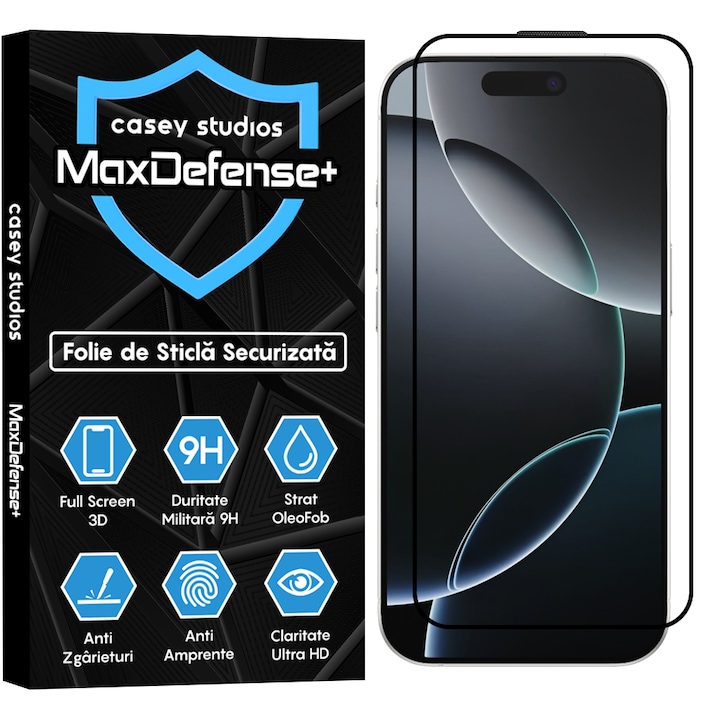 Folie Sticla CASEY STUDIOS™ compatibila cu iPhone 16 Pro, MaxDefense+, Anti Zgarieturi, Full Glue, Full Cover 3D, Protectie Ecran 3D, Duritate Ridicata, Margini Negre