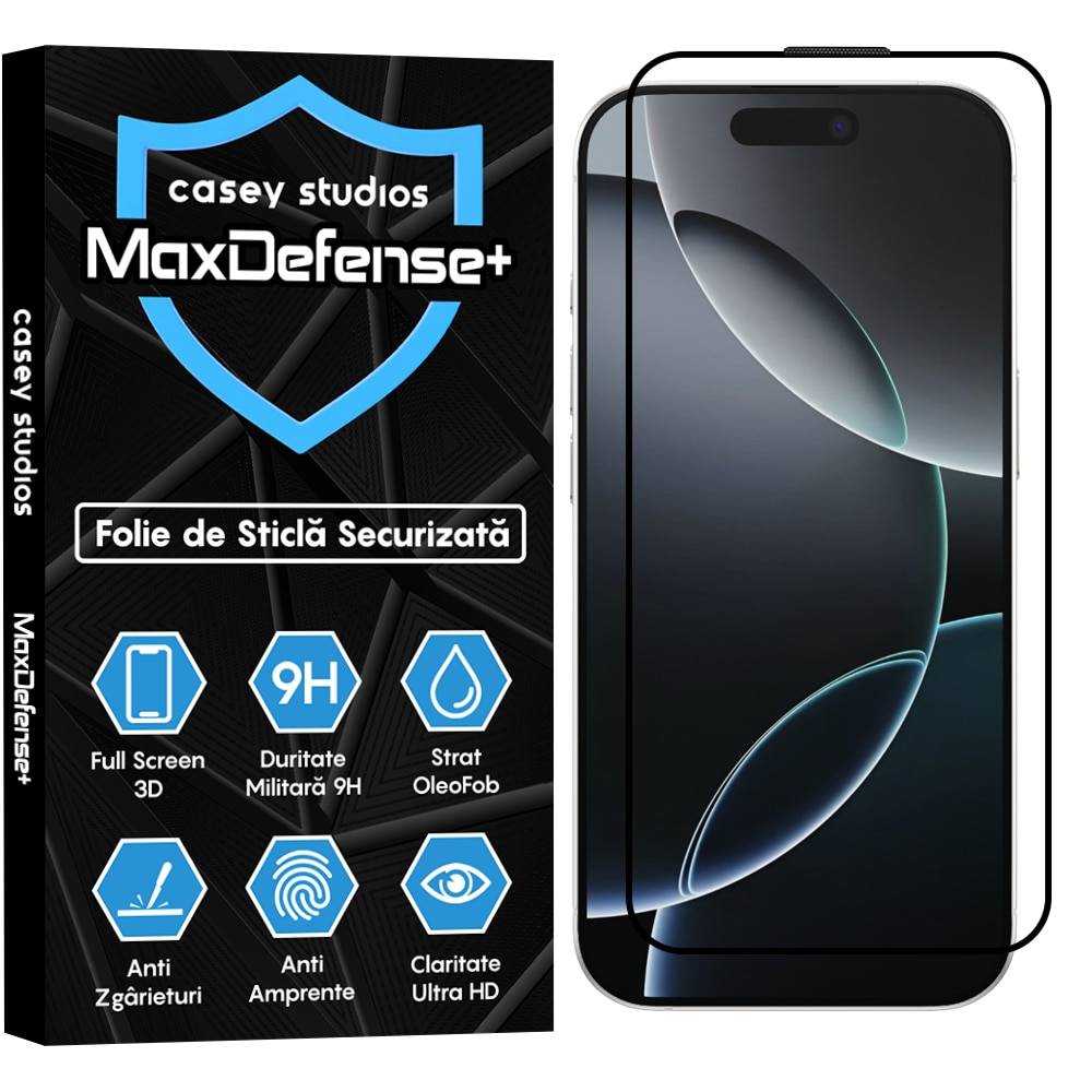 Folie Sticla CASEY STUDIOS™ compatibila cu iPhone 16 Pro, MaxDefense+, Anti Zgarieturi, Full Glue, Full Cover 3D, Protectie Ecran 3D, Duritate Ridicata, Margini Negre