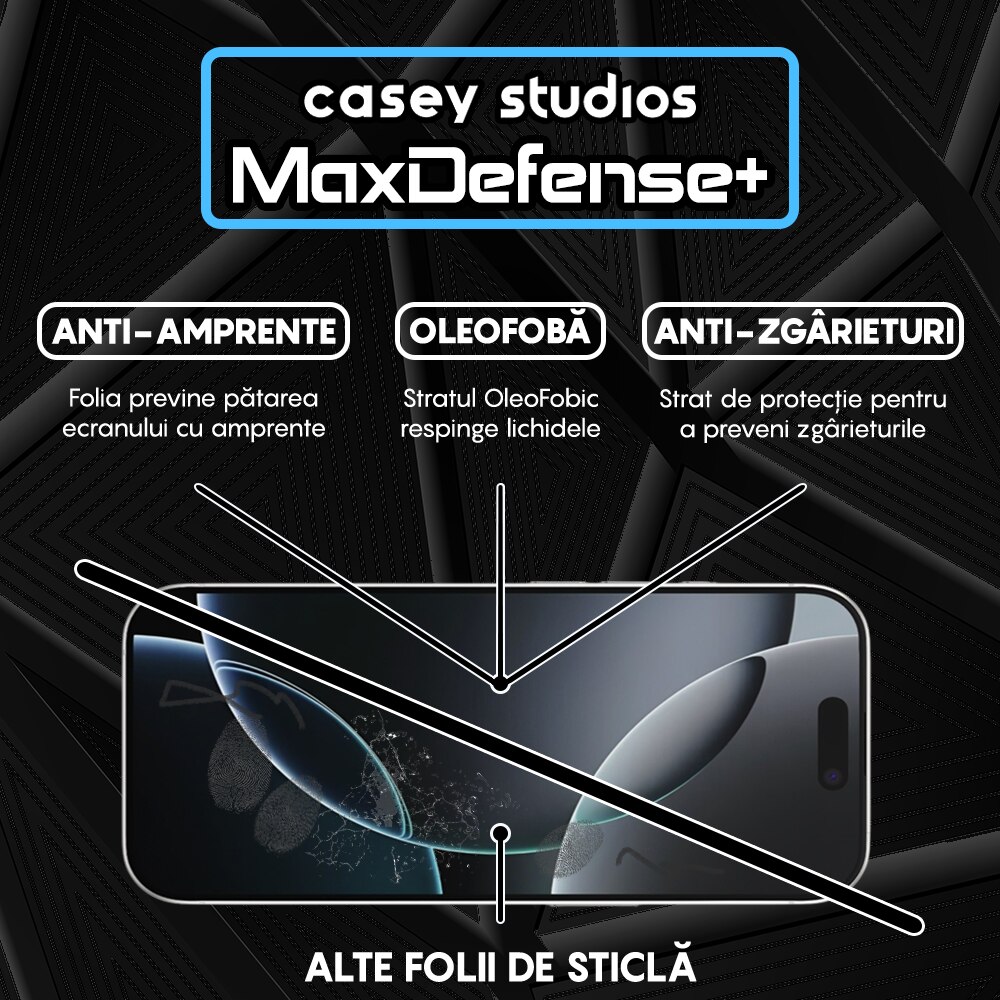 Folie Sticla CASEY STUDIOS™ compatibila cu iPhone 16 Pro, MaxDefense+, Anti Zgarieturi, Full Glue, Full Cover 3D, Protectie Ecran 3D, Duritate Ridicata, Margini Negre