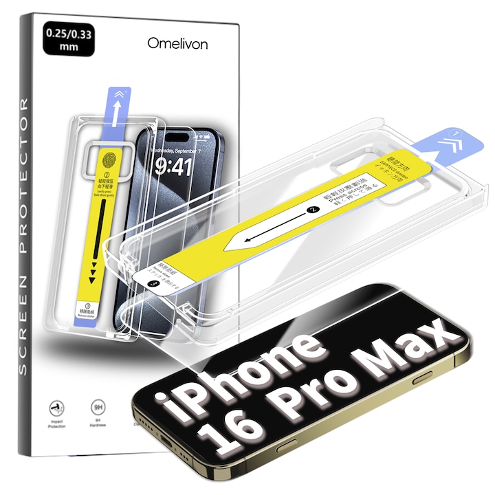 Folie de Protecție Sticlă Securizată Omelivon pentru iPhone 16 Pro Max, Duritate 9H, Ultra HD, Set cu Instrument de Aplicare