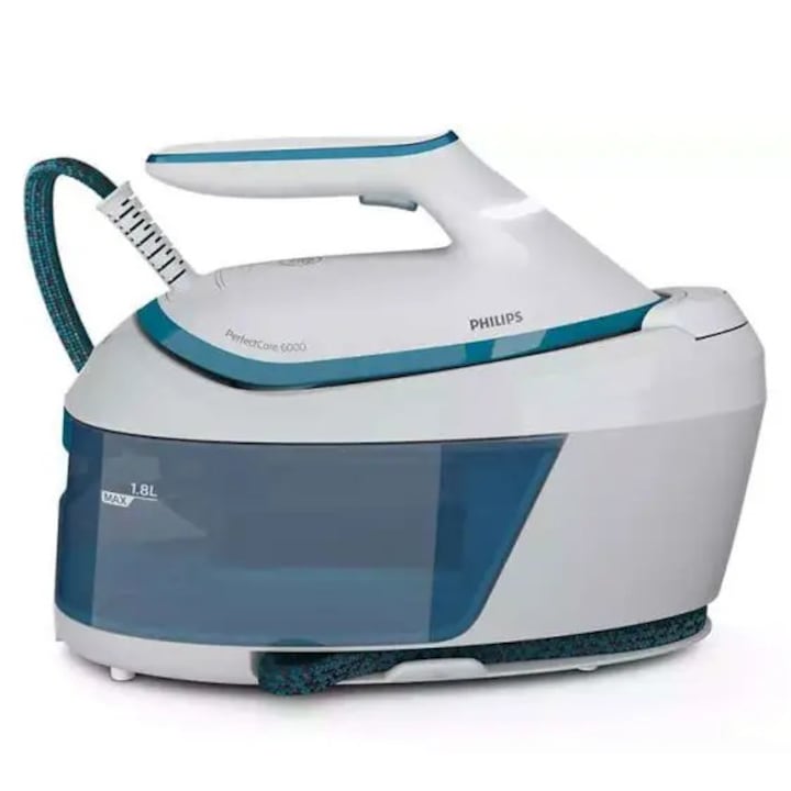 Statie de calcat cu abur, cu boiler Philips PerfectCare seria 6000 ‎PSG6022/20, talpa SteamGlide Plus, presiune pompa max. 6.5 bari, abur 130g/min, jet de abur 500g, capacitate rezervor detasabil 1.8l, tehnologia OptimalTEMP, Alb