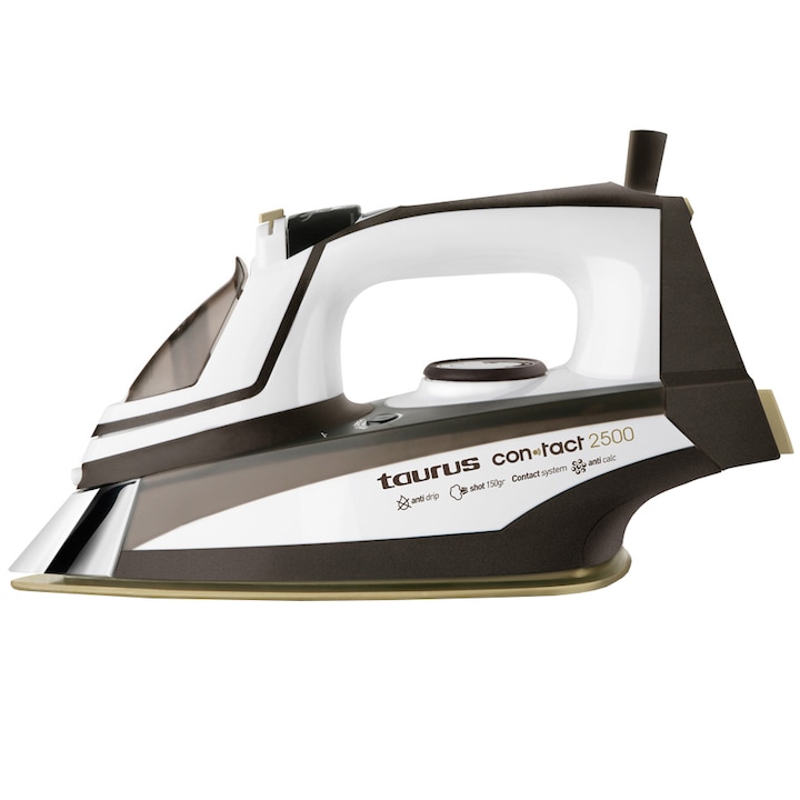 Fier de calcat Taurus Contact 2500, 2500W, talpa Gold Satin, senzor tactil, 150g/min, 40g/min, 350ml, termostat, calcare verticala, sistem antipicurare ,anticalcar, autocuratare, Alb/Negru