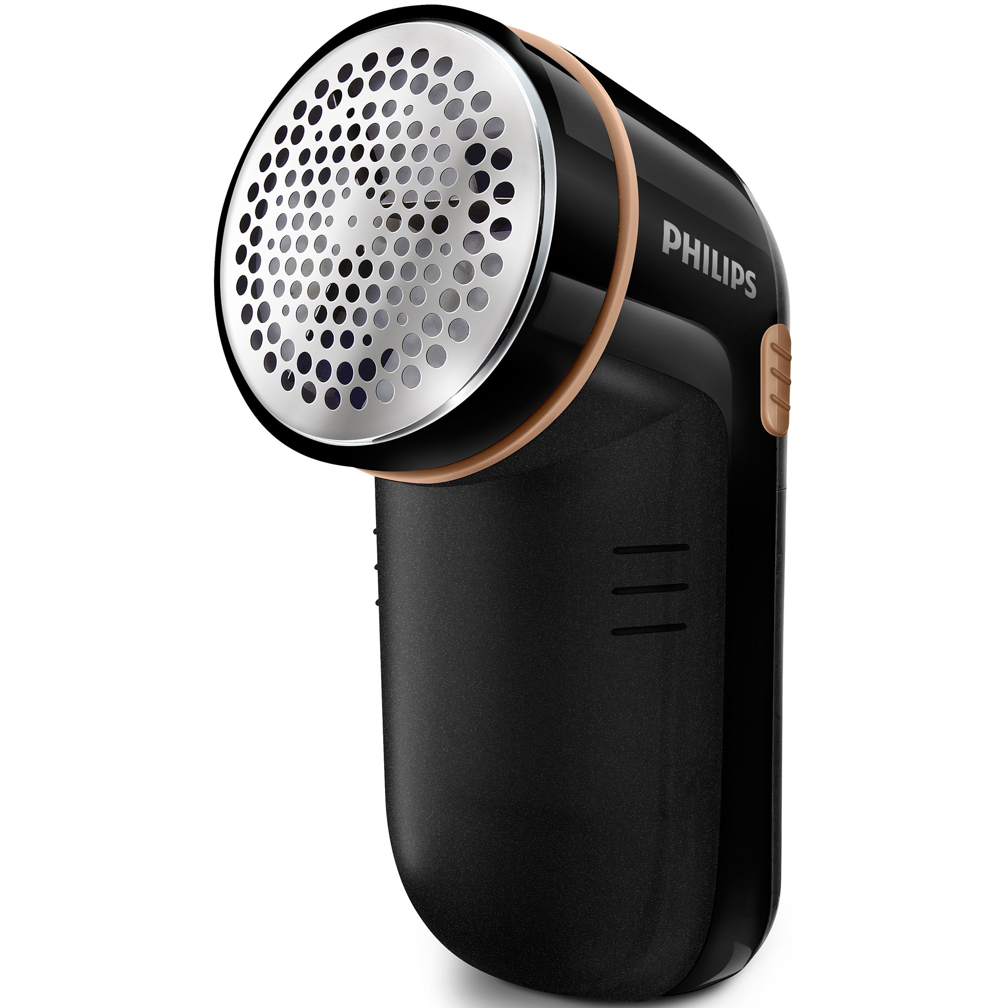Aspirator de scame Philips GC026/80, negru-auriu, cu recipient detasabil, alimentare cu 2 baterii AA