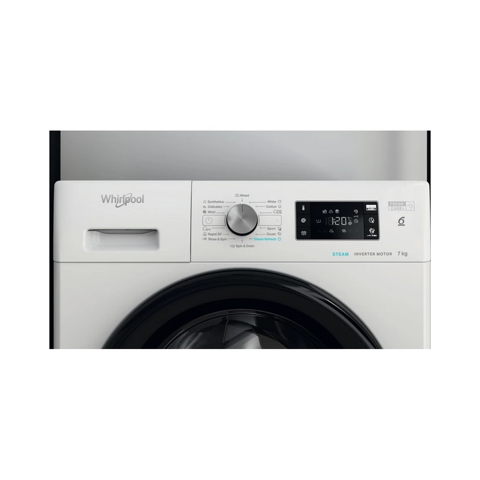 Masina de spalat rufe Whirlpool FreshCare+ FFB 7259 BV EE, 7 kg, 1200 rpm, Clasa B, Steam Refresh, Tehnologia al-6lea Simt, Motor Inverter, Alb/Negru