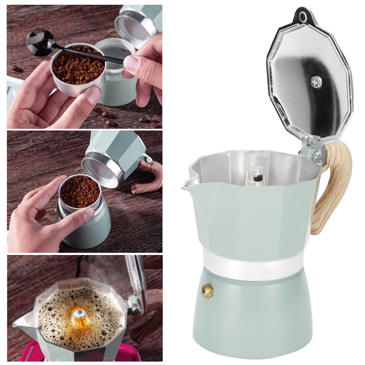 Cafetiere din aluminiu, capacitate 150ML/300ML, albastru lac, dimensiuni 15.5x16x10cm/17.5x19x10.5cm