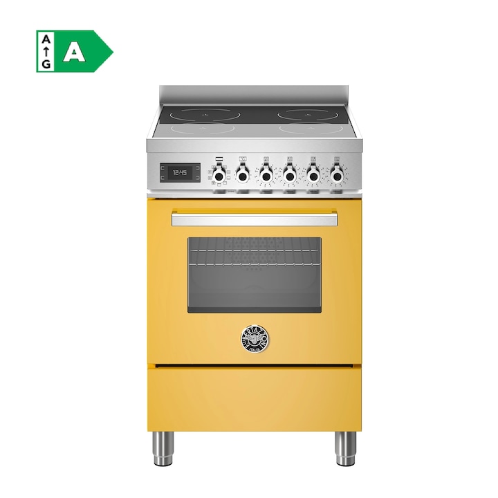 Aragaz premium cu plita pe inductie si cuptor electric Bertazzoni, 60 cm, colectie Professional, 4 zone de gatit, 9 trepte de putere+Booster, cuptor 69 litri, 11 moduri gatire, indicator caldura reziduala, panou de control tactil si mecanic, galben