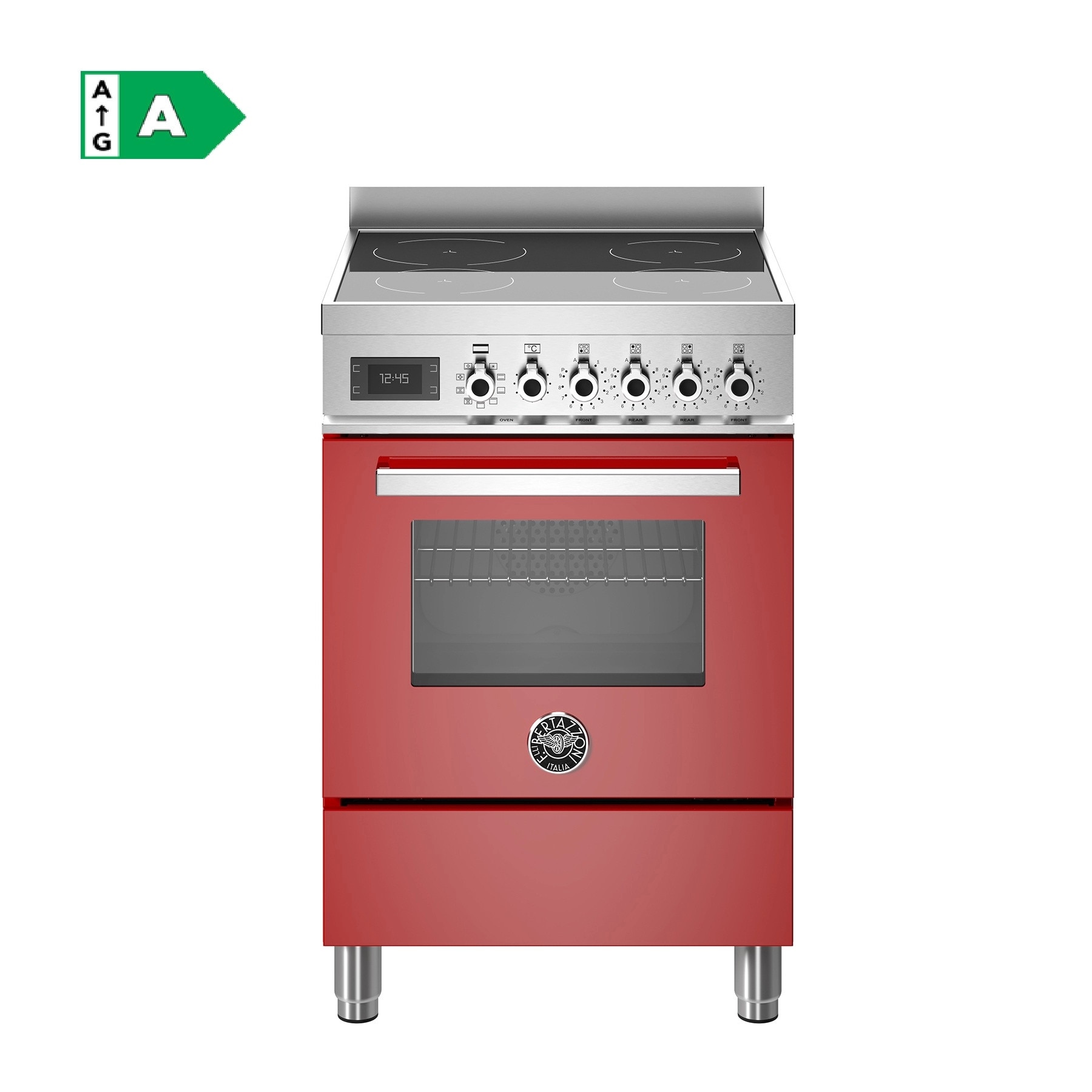 Aragaz premium cu plita pe inductie si cuptor electric Bertazzoni, 60 cm, colectie Professional, 4 zone de gatit, 9 trepte de putere+Booster, cuptor 69 litri, 11 moduri gatire, indicator caldura reziduala, panou de control tactil si mecanic, rosu