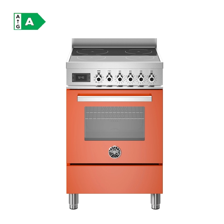 Aragaz premium cu plita pe inductie si cuptor electric Bertazzoni, 60 cm, colectie Professional, 4 zone de gatit, 9 trepte de putere+Booster, cuptor 69 litri, 11 moduri gatire, indicator caldura reziduala, panou de control tactil si mecanic, portocaliu