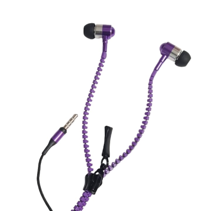 Casti cu microfon, tip fermoar X-Bass PRO pentru telefoane, Mov