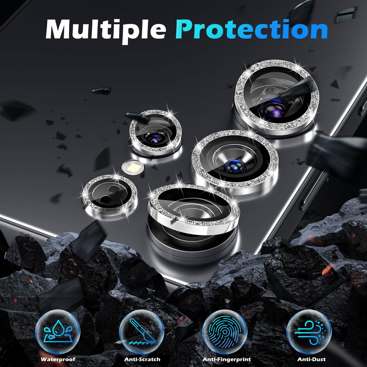 Folie Camera Daden din sticla pentru Samsung S25 Ultra, Sticla securizata/Aluminiu, 9H, cu diamant, Ultra Rezistenta, Argintiu/Transparent