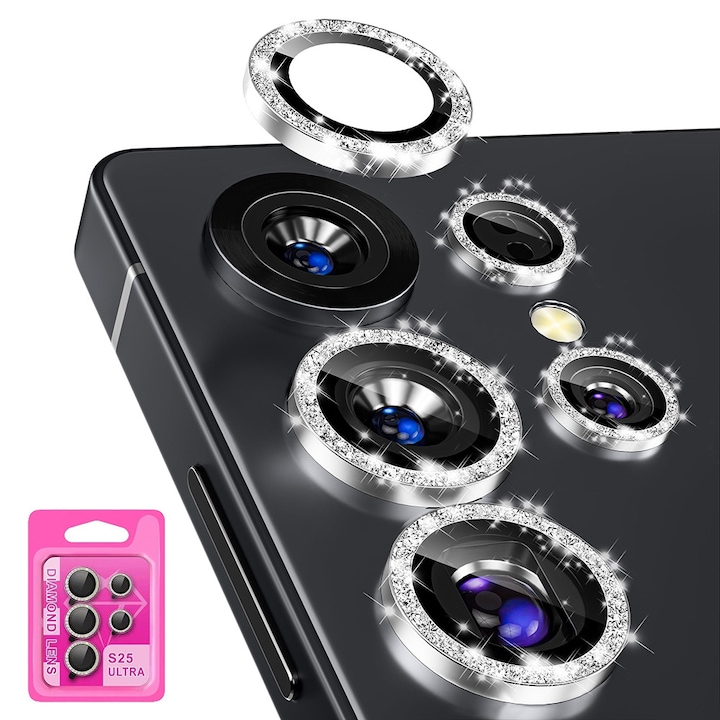 Folie Camera Daden din sticla pentru Samsung S25 Ultra, Sticla securizata/Aluminiu, 9H, cu diamant, Ultra Rezistenta, Argintiu/Transparent