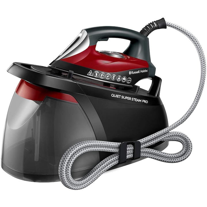 Statie de calcat Russell Hobbs Quiet Super Steam Pro 24460-56, 2750 W, 315 g/min, 8 bari, 1.8 L, Sistem Anticalcar, Negru/Rosu