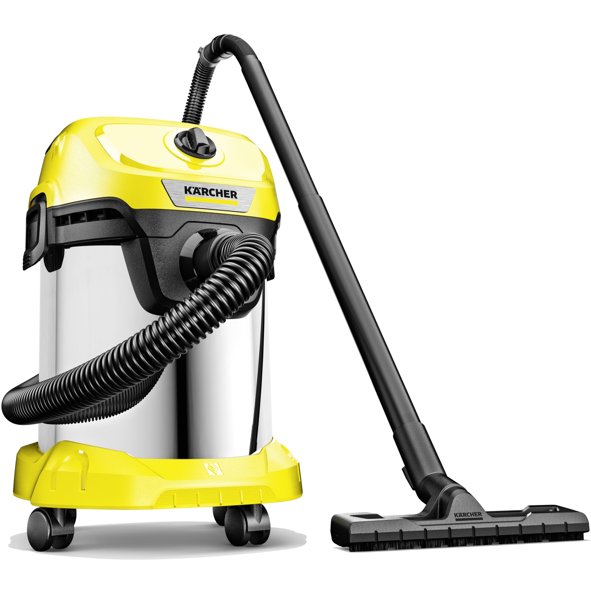Aspirator umed-uscat Karcher WD 3 S V-17/4/20, 1000 W, recipient din otel inoxidabil 17 l, furtun 2 m, functie de suflare, filtru cartus, 5 saci de filtrare, 1.628-152.0, Galben/Negru/Metal