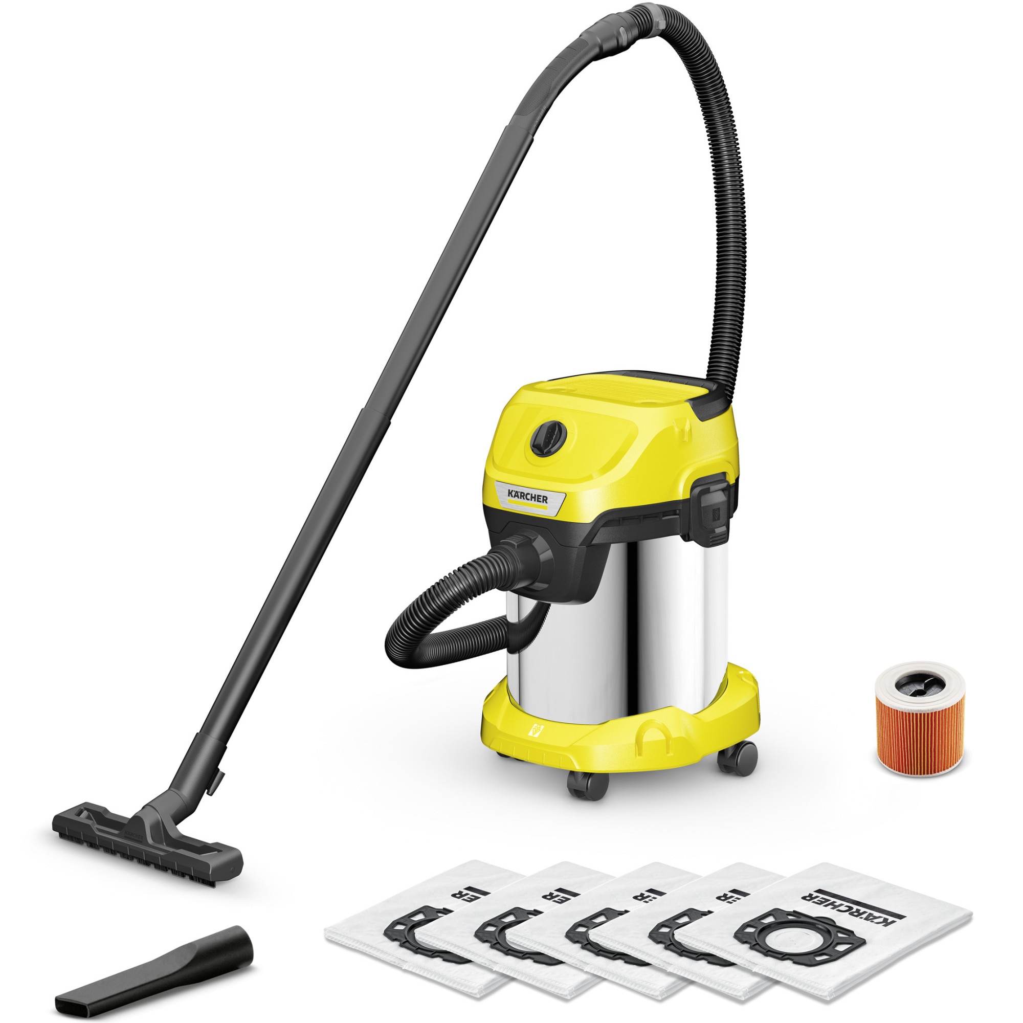 Aspirator umed-uscat Karcher WD 3 S V-17/4/20, 1000 W, recipient din otel inoxidabil 17 l, furtun 2 m, functie de suflare, filtru cartus, 5 saci de filtrare, 1.628-152.0, Galben/Negru/Metal