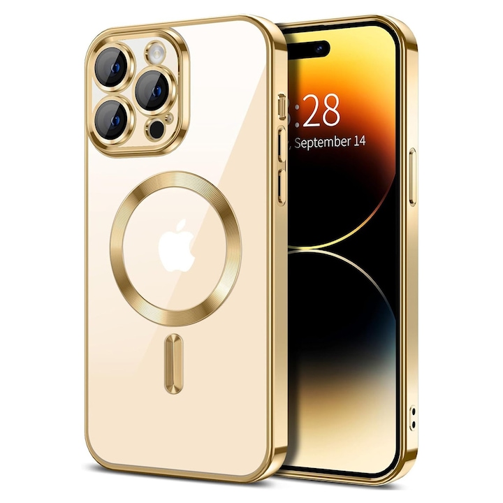Husa Luxury MagSafe compatibila cu iPhone 14 Pro, Full protection, Margini colorate, Auriu