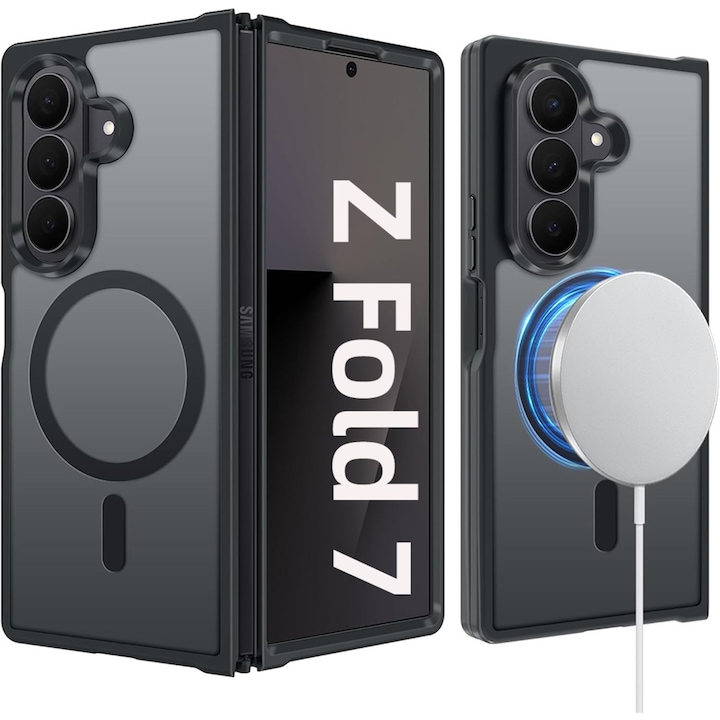 Husa telefon pentru Samsung Galaxy Z Fold7, Protectie Colturi, MagSafe, Negru Transparent