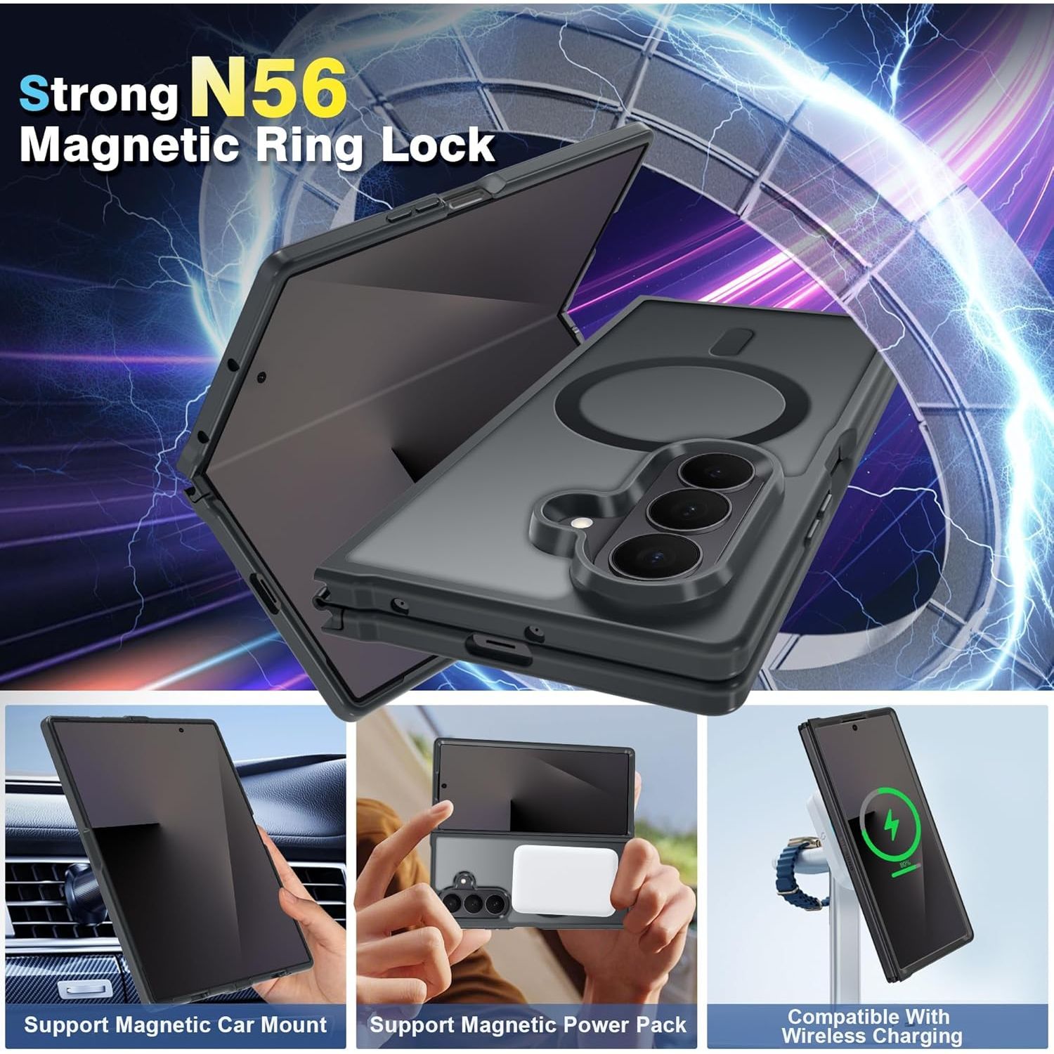 Husa telefon pentru Samsung Galaxy Z Fold7, Protectie Colturi, MagSafe, Negru Transparent