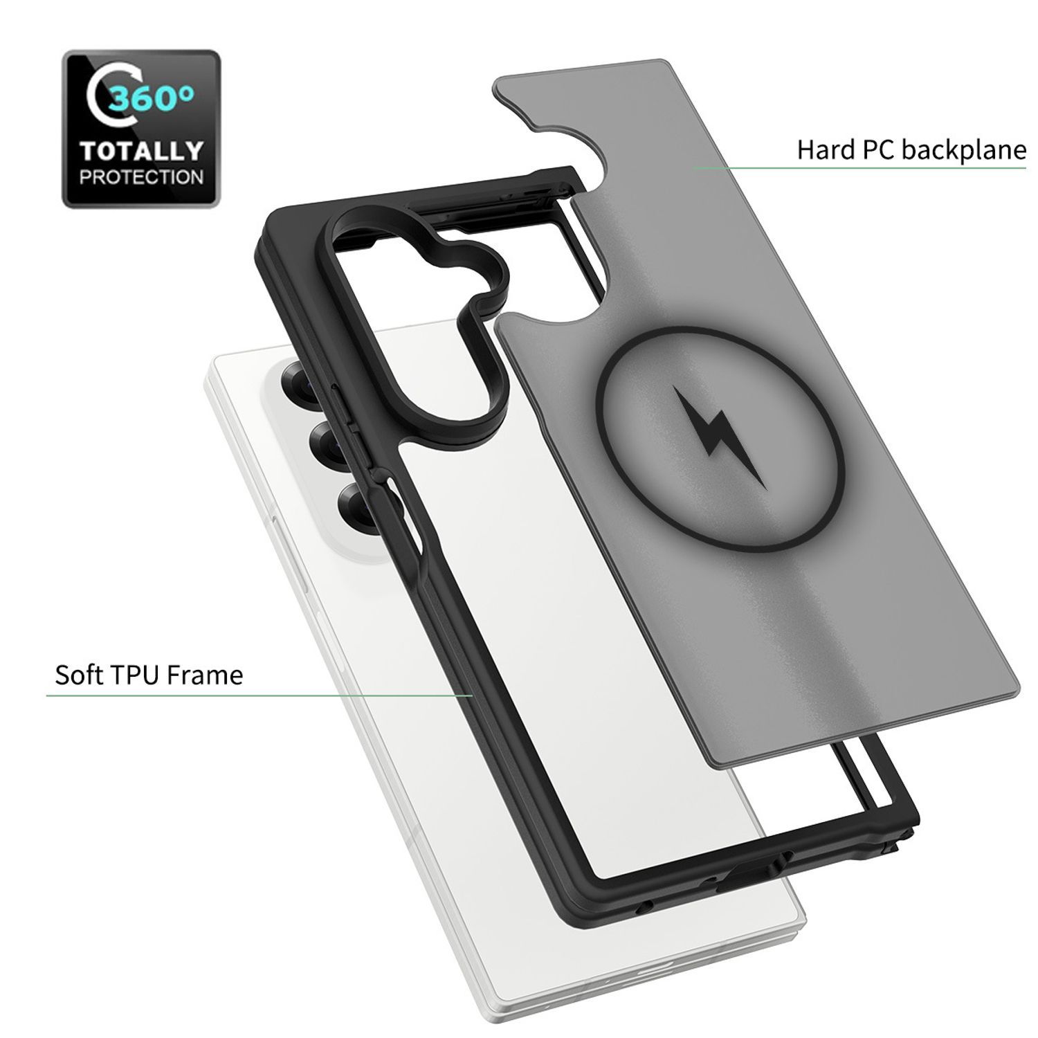 Husa telefon pentru Samsung Galaxy Z Fold7, Protectie Colturi, MagSafe, Negru Transparent