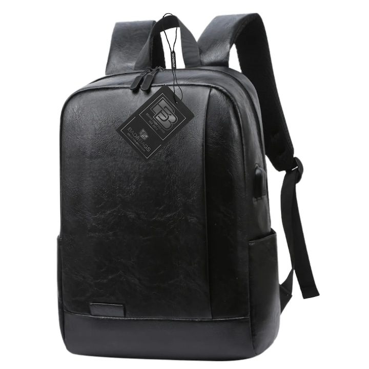 Rucsac negru BAD&BAGS, piele ecologică, 42x29x13cm, compartiment laptop 15,6 inch, port USB