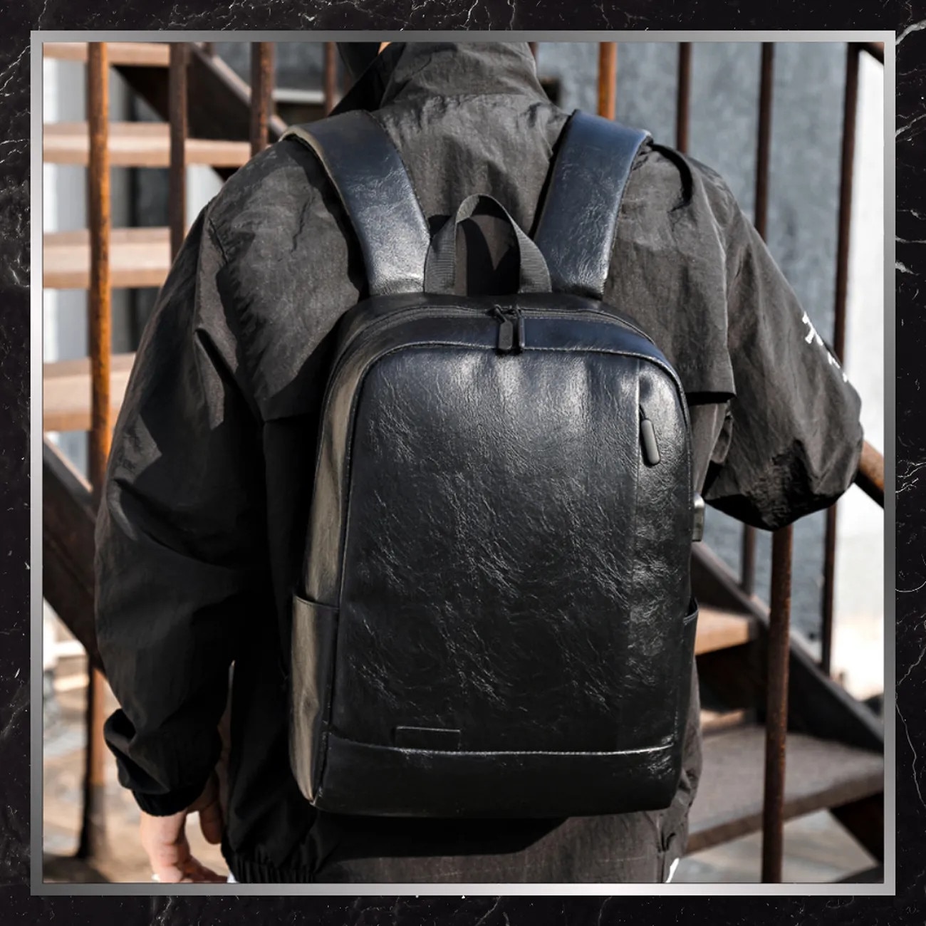 Rucsac negru BAD&BAGS, piele ecologică, 42x29x13cm, compartiment laptop 15,6 inch, port USB