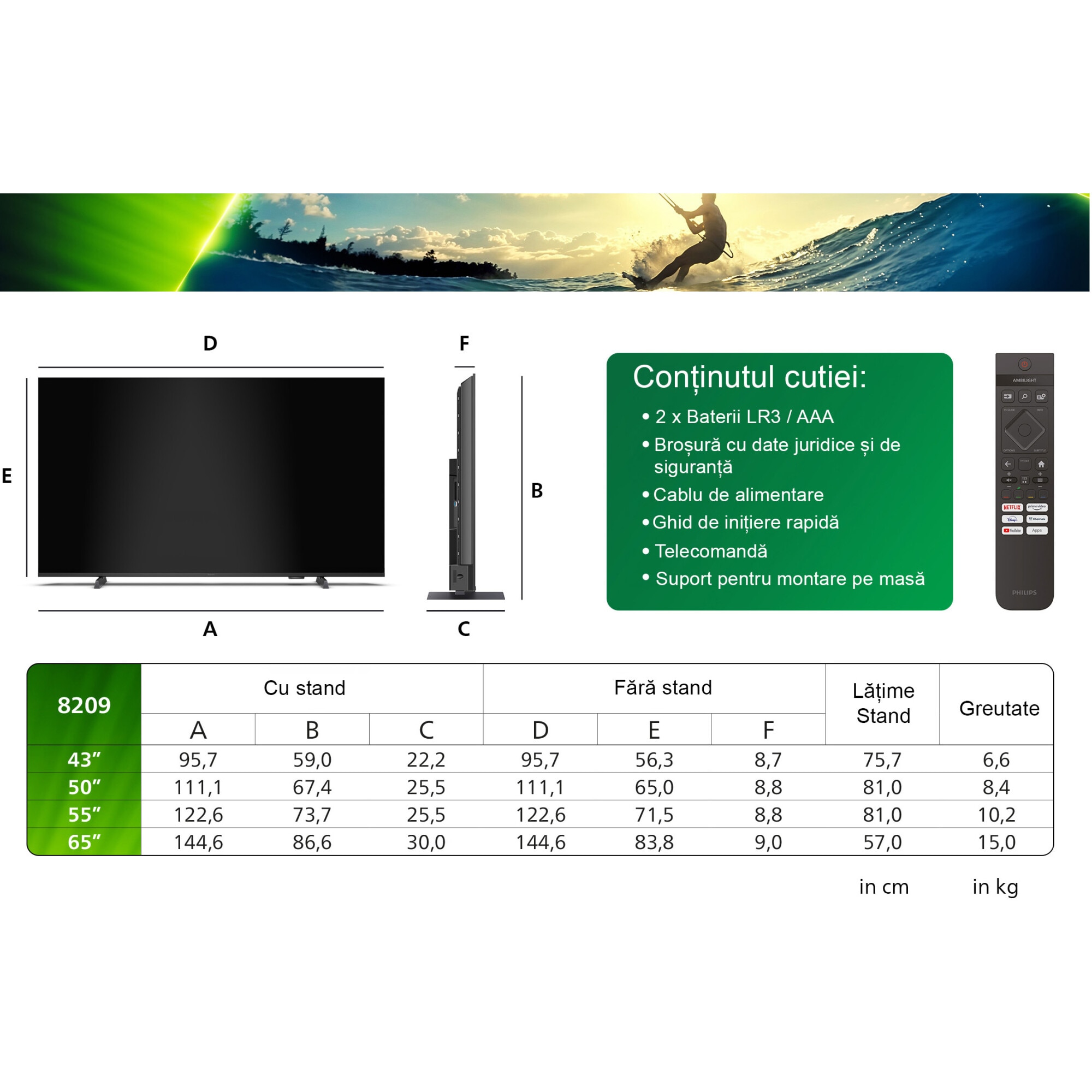 Televizor Philips AMBILIGHT tv QLED 65PUS8209, 164 cm, Smart TV, 4K Ultra HD, Clasa E (Model 2024)