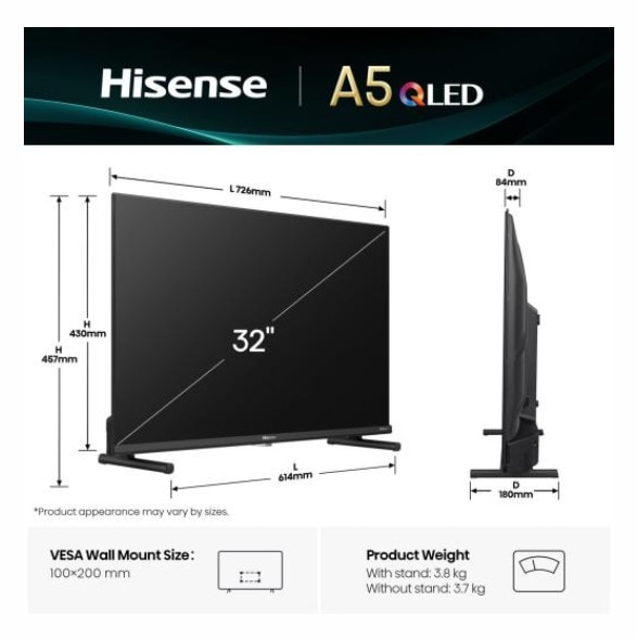 Televizor Hisense 32A5Q 32inch 80cm QLED FullHD VidaaOS 60Hz Dolby Atmos Negru