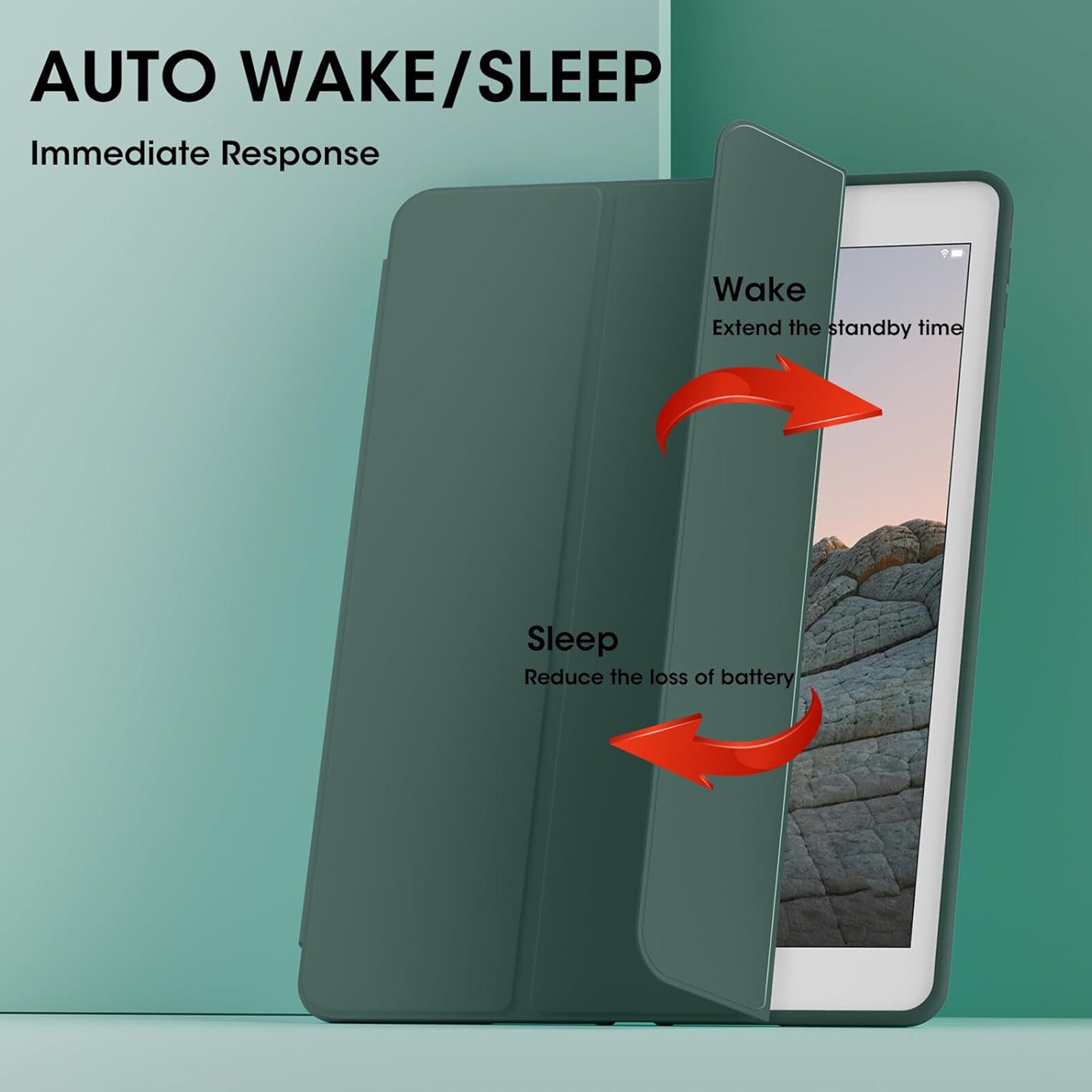 Husa tableta AYSTOAYS®, Compatibil cu iPad 9th 10.2'', 9th/8th/7th, functie de trezire/dormire, u suport pentru stilou, husa inteligenta cu suport pliabil in trei, Verde inchis