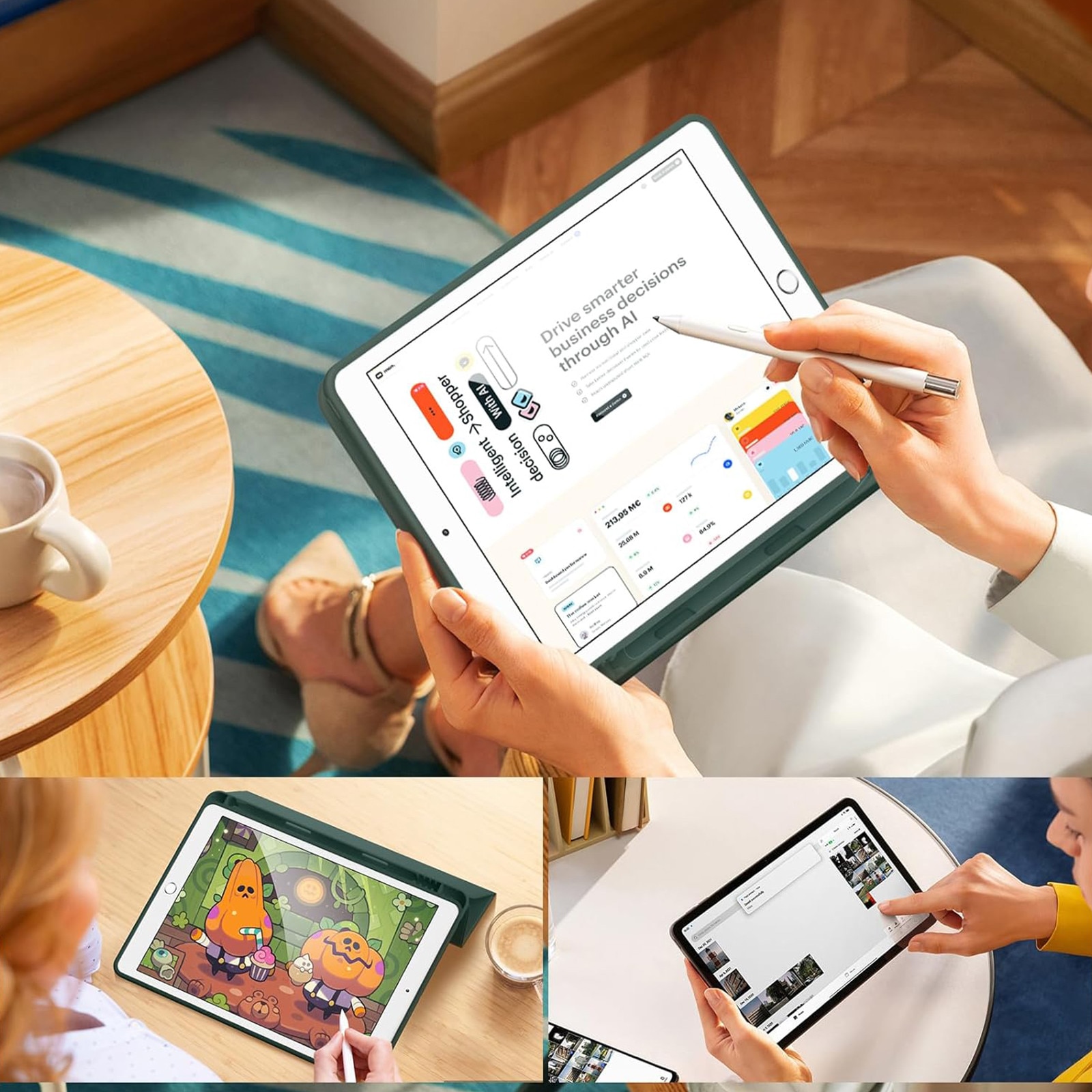 Husa tableta AYSTOAYS®, Compatibil cu iPad 9th 10.2'', 9th/8th/7th, functie de trezire/dormire, u suport pentru stilou, husa inteligenta cu suport pliabil in trei, Verde inchis