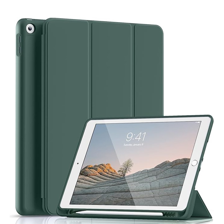 Husa tableta AYSTOAYS®, Compatibil cu iPad 9th 10.2'', 9th/8th/7th, functie de trezire/dormire, u suport pentru stilou, husa inteligenta cu suport pliabil in trei, Verde inchis