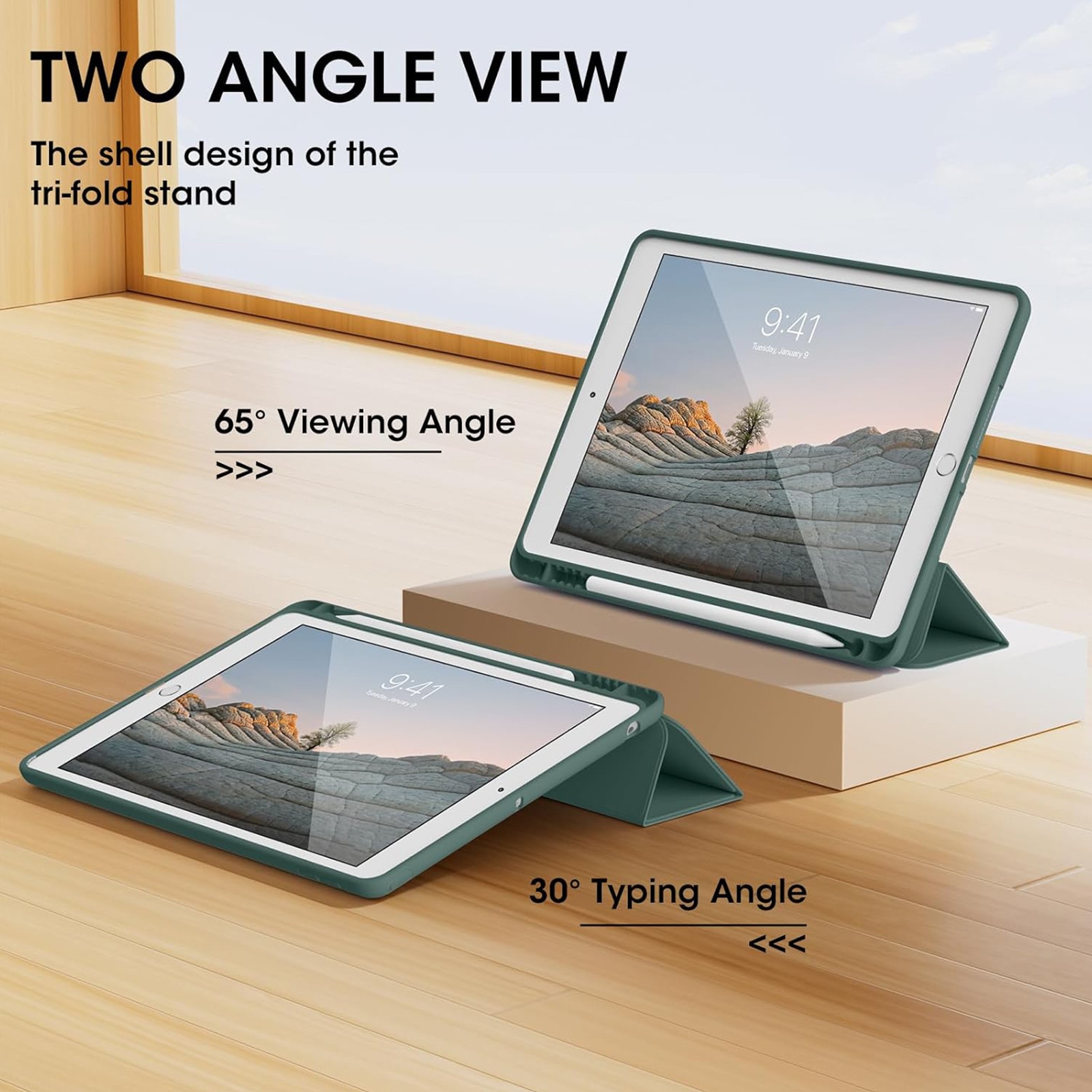 Husa tableta AYSTOAYS®, Compatibil cu iPad 9th 10.2'', 9th/8th/7th, functie de trezire/dormire, u suport pentru stilou, husa inteligenta cu suport pliabil in trei, Verde inchis