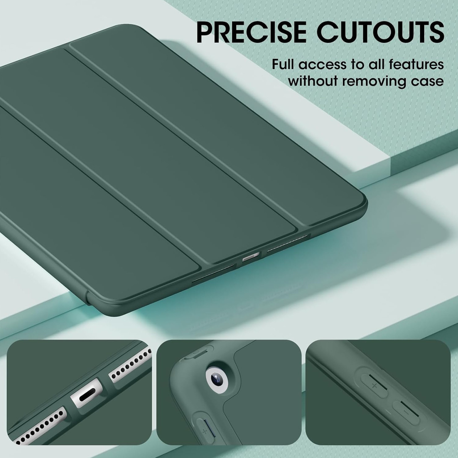 Husa tableta AYSTOAYS®, Compatibil cu iPad 9th 10.2'', 9th/8th/7th, functie de trezire/dormire, u suport pentru stilou, husa inteligenta cu suport pliabil in trei, Verde inchis