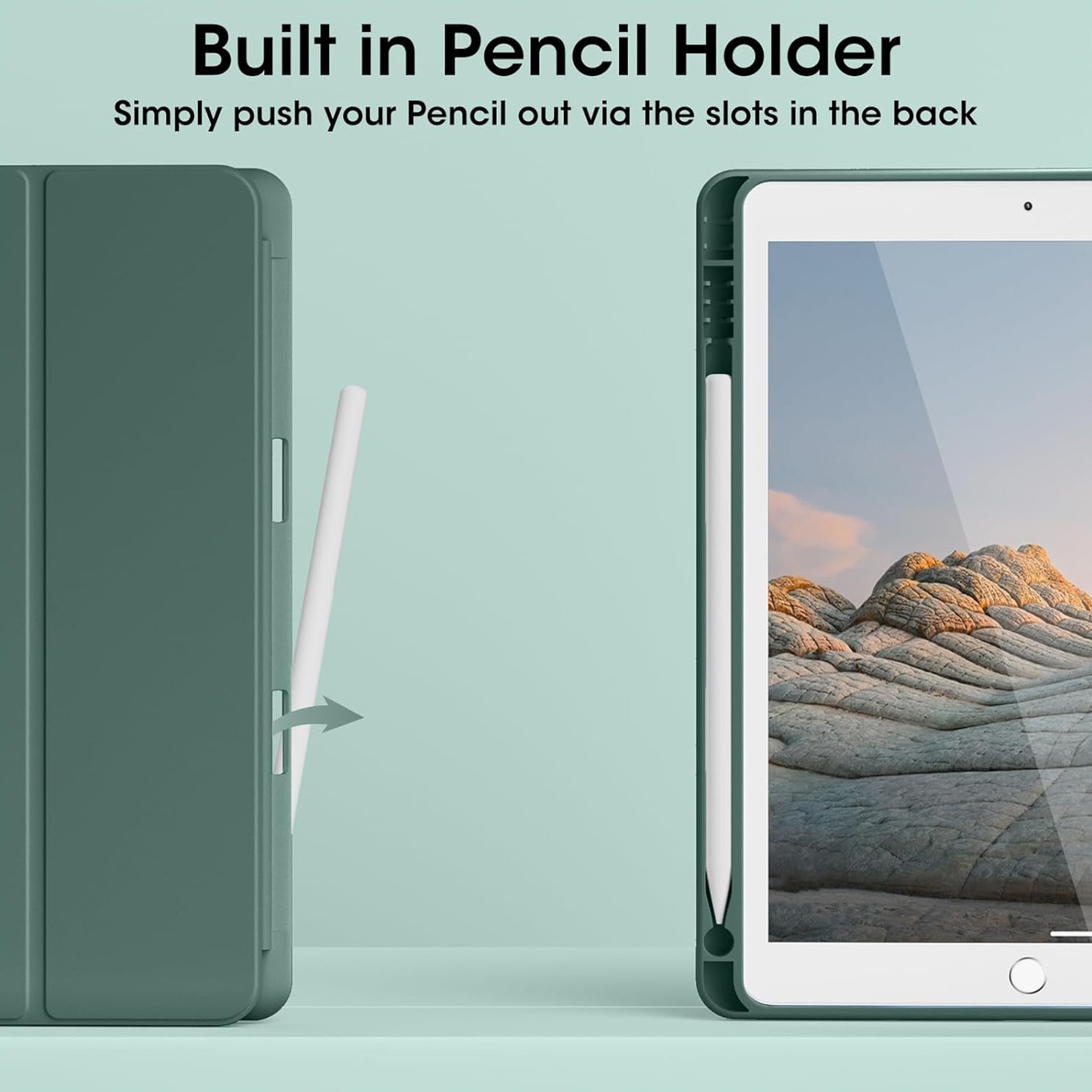 Husa tableta AYSTOAYS®, Compatibil cu iPad 9th 10.2'', 9th/8th/7th, functie de trezire/dormire, u suport pentru stilou, husa inteligenta cu suport pliabil in trei, Verde inchis