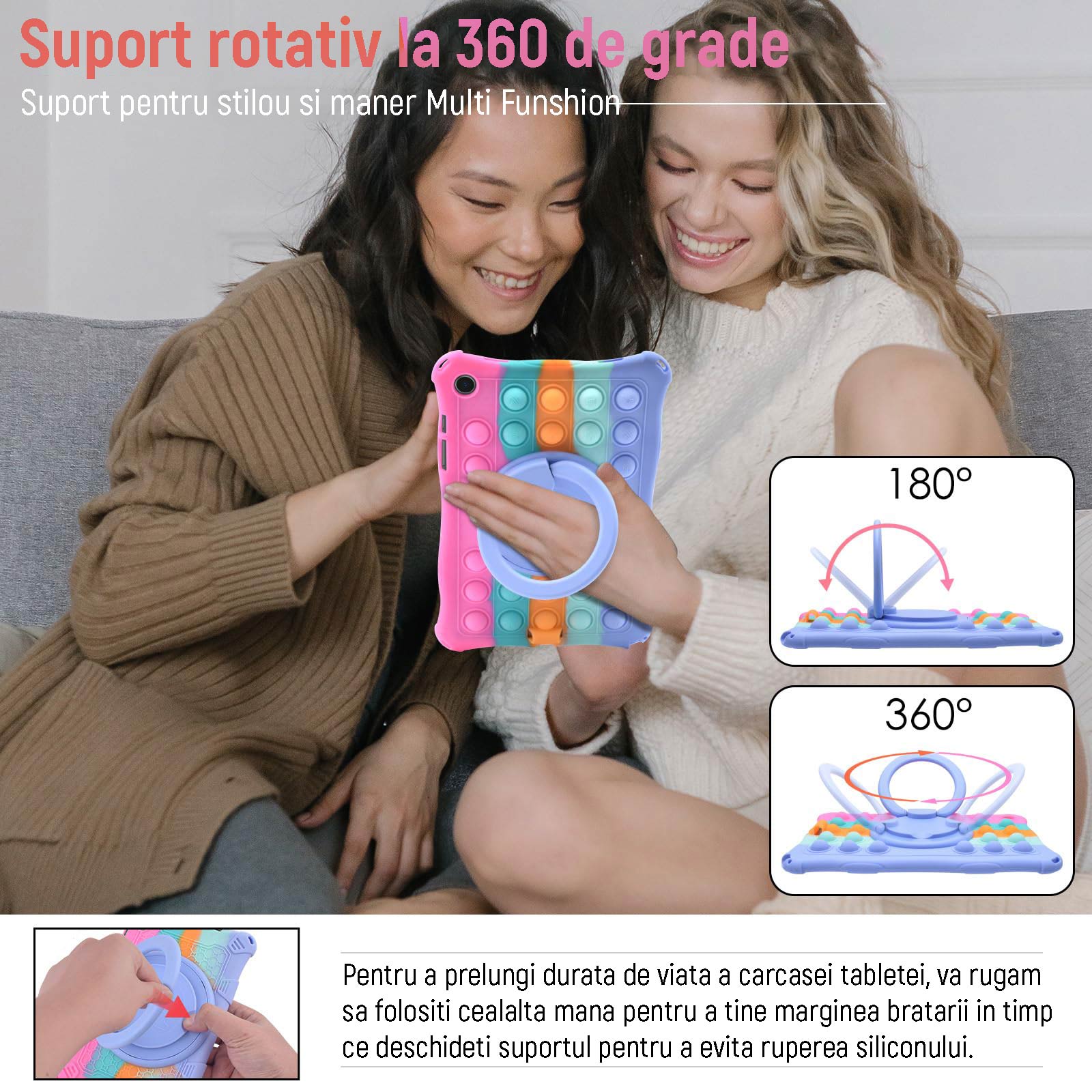 Husa de protectie pentru tableta, cu suport Multi-Unghi si functie Sleep/Wake, anti-soc, anti-cadere, dispozitiv de reducere a presiunii, compatibila cu Samsung Tab A9 8.7 inch, cu curea de agatat si stylus, OUYLAF, multicolor