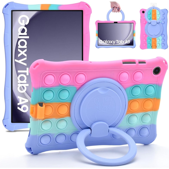 Husa de protectie pentru tableta, cu suport Multi-Unghi si functie Sleep/Wake, anti-soc, anti-cadere, dispozitiv de reducere a presiunii, compatibila cu Samsung Tab A9 8.7 inch, cu curea de agatat si stylus, OUYLAF, multicolor