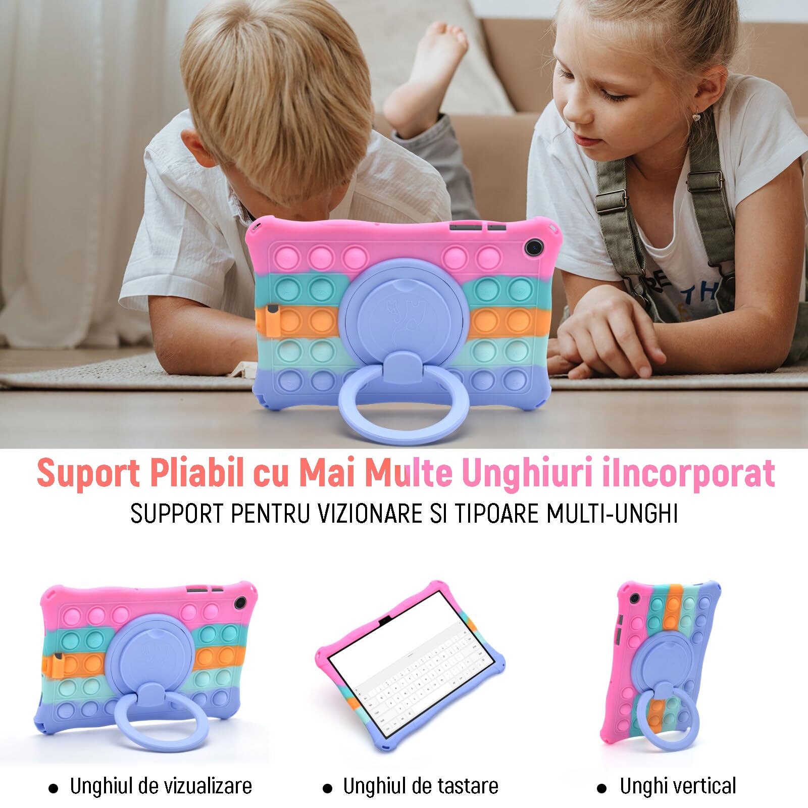 Husa de protectie pentru tableta, cu suport Multi-Unghi si functie Sleep/Wake, anti-soc, anti-cadere, dispozitiv de reducere a presiunii, compatibila cu Samsung Tab A9 8.7 inch, cu curea de agatat si stylus, OUYLAF, multicolor