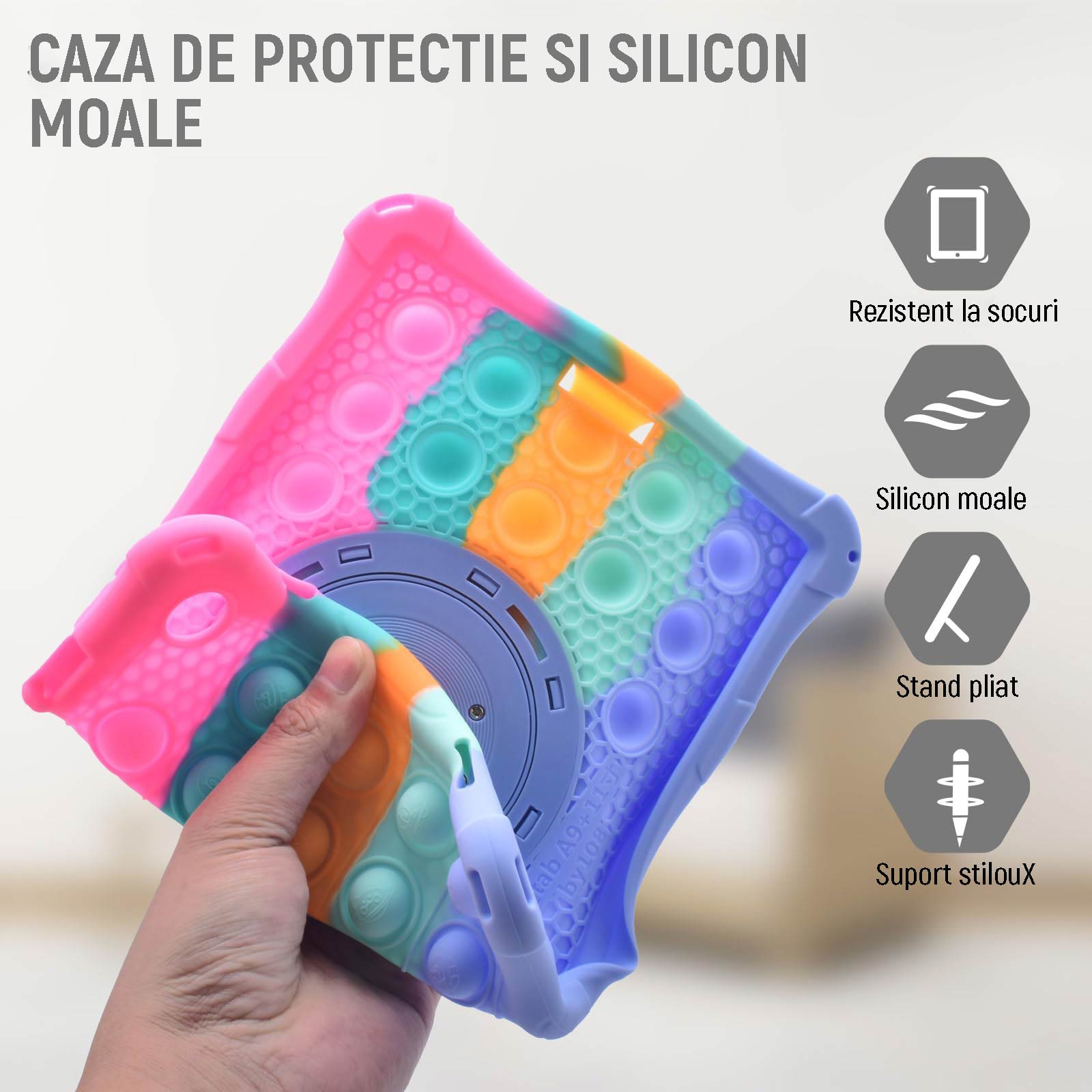 Husa de protectie pentru tableta, cu suport Multi-Unghi si functie Sleep/Wake, anti-soc, anti-cadere, dispozitiv de reducere a presiunii, compatibila cu Samsung Tab A9 8.7 inch, cu curea de agatat si stylus, OUYLAF, multicolor