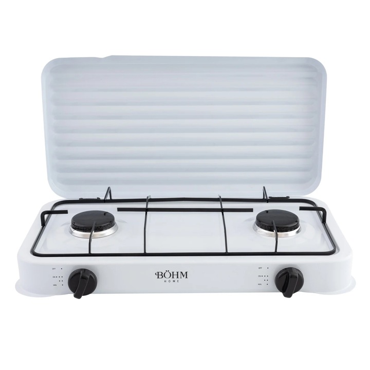 Aragaz cu doua ochiuri BÖHM BG-M-002-W pe gaz si aprindere manuala, 4.4 kW, Alb
