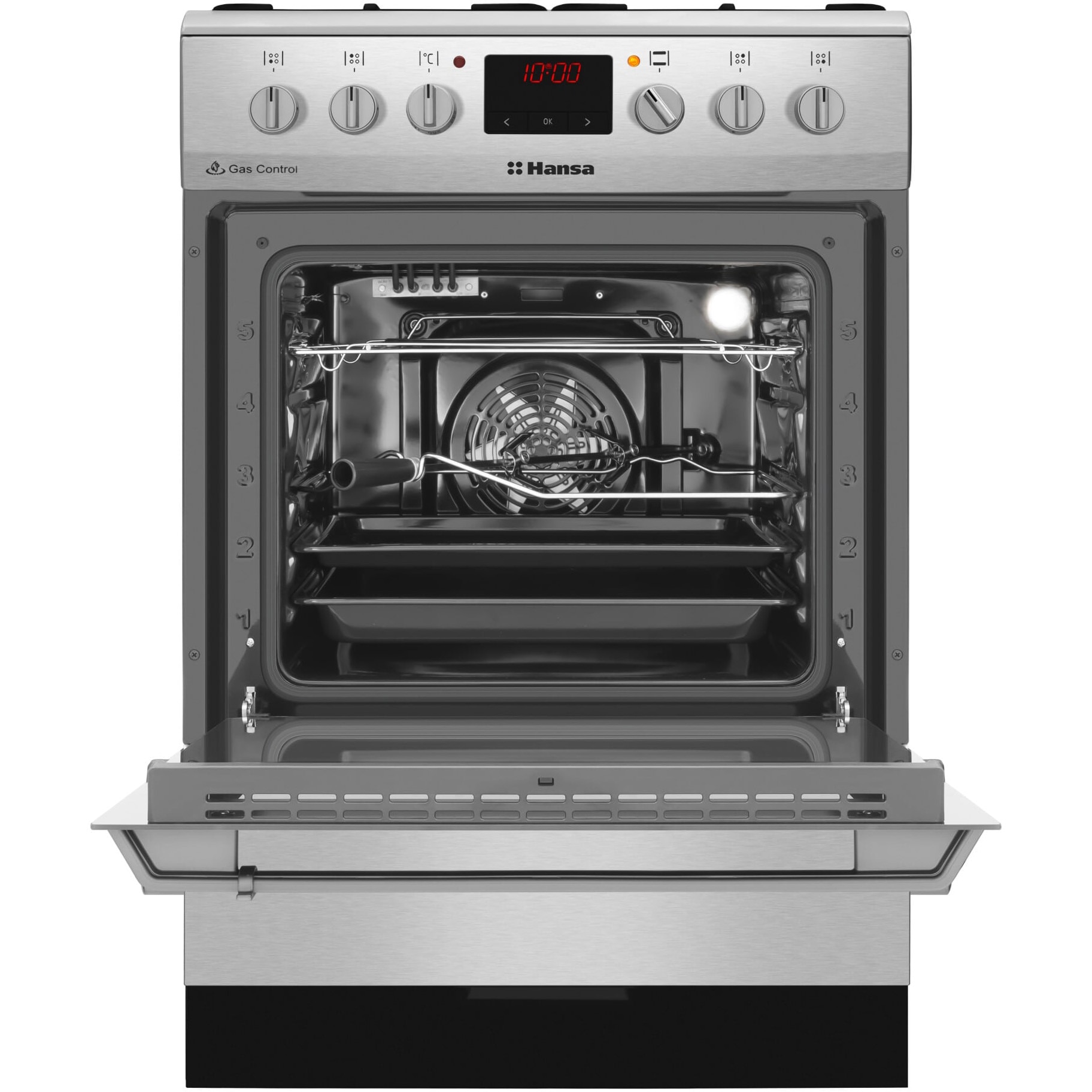 Aragaz Hansa FCMX68209, Mixt, 3 arzatoare/ 1 zona de gatire, Grill, Rotisor, Timer, Clasa A, 60 cm, Inox