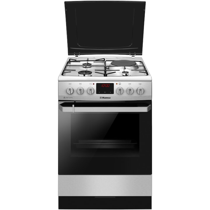 Aragaz Hansa FCMX68209, Mixt, 3 arzatoare/ 1 zona de gatire, Grill, Rotisor, Timer, Clasa A, 60 cm, Inox