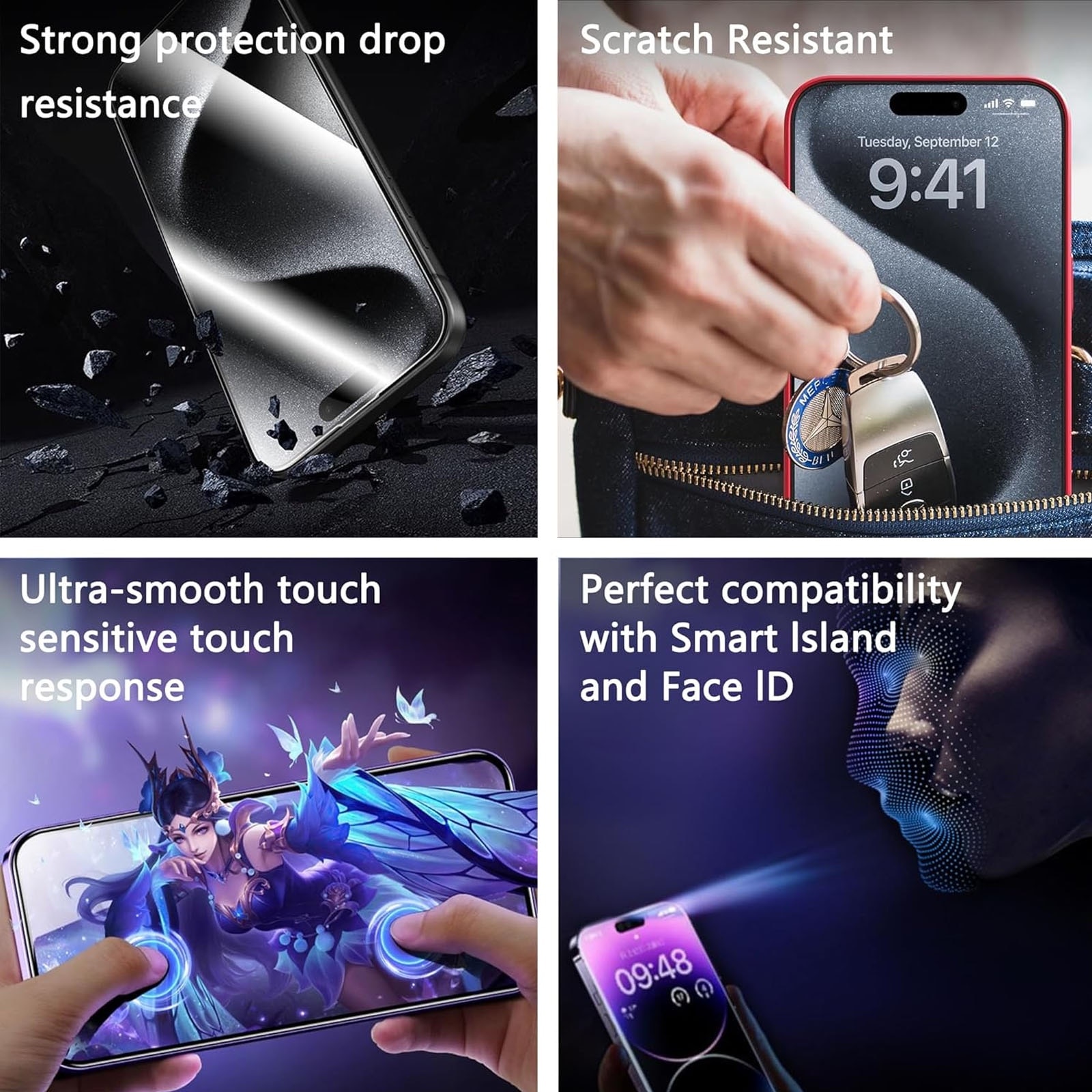 Set 2 folii sticla pentru iPhone 14Pro, Hggzeg, Folie sticla protectie telefon, Folie de inalta definitie, Cu dispozitiv de montare automata in 30 de secunde, Instalare 1:1 usoara si rapida, Impermeabil, Antizgarieturi, Anticadere, Transparent