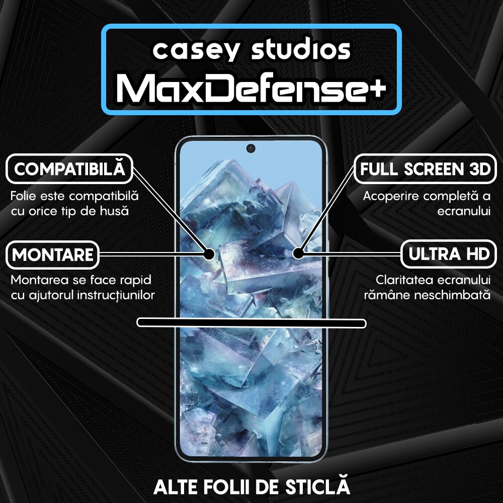 Folie Sticla CASEY STUDIOS™ compatibila cu Google Pixel 8 Pro, Full Cover 3D, Full Glue, Duritate Militara, Ultra HD, Anti Zgarieturi, Anti Amprente, Anti Socuri, Margini Negre