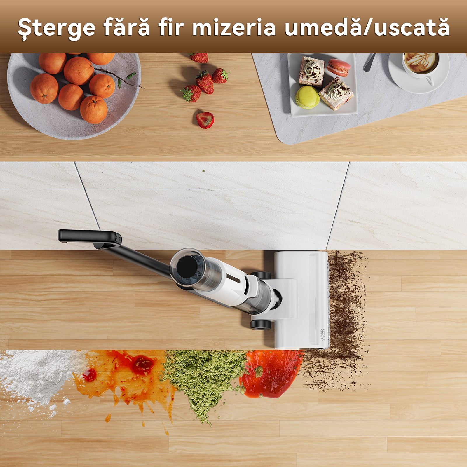 Aspirator vertical fara fir, JONR ED12 Lite, 2600*5 mAh, 100㎡, 750ml+450ml, 200W, Autocuratare, Utilizare umeda si uscata, Curatare margini 1 mm, 3.5 kg, Anti-incurcare, Pentru podele dure si par de animale