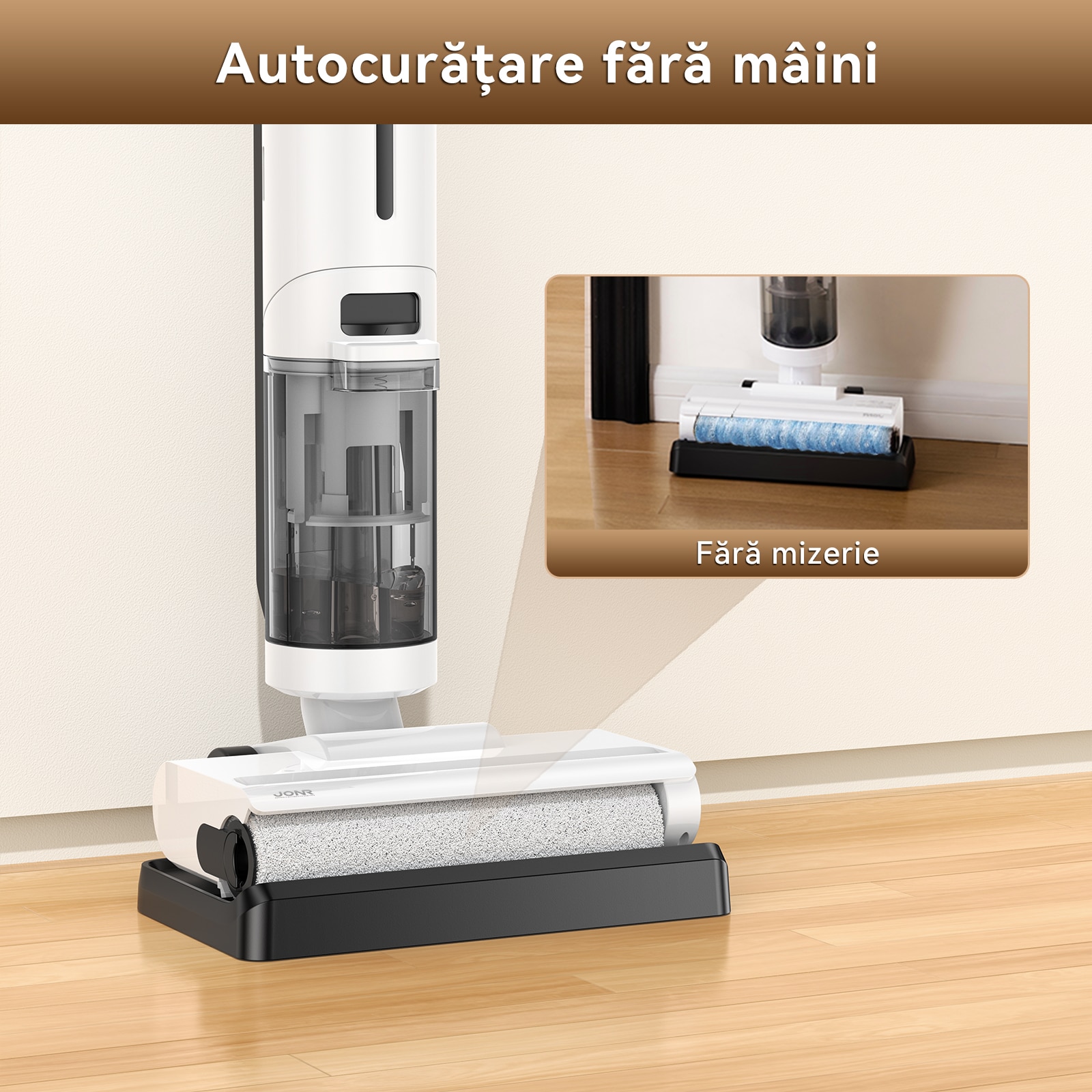 Aspirator vertical fara fir, JONR ED12 Lite, 2600*5 mAh, 100㎡, 750ml+450ml, 200W, Autocuratare, Utilizare umeda si uscata, Curatare margini 1 mm, 3.5 kg, Anti-incurcare, Pentru podele dure si par de animale