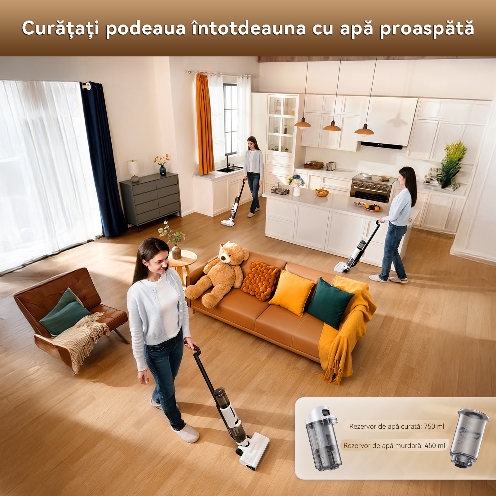 Aspirator vertical fara fir, JONR ED12 Lite, 2600*5 mAh, 100㎡, 750ml+450ml, 200W, Autocuratare, Utilizare umeda si uscata, Curatare margini 1 mm, 3.5 kg, Anti-incurcare, Pentru podele dure si par de animale