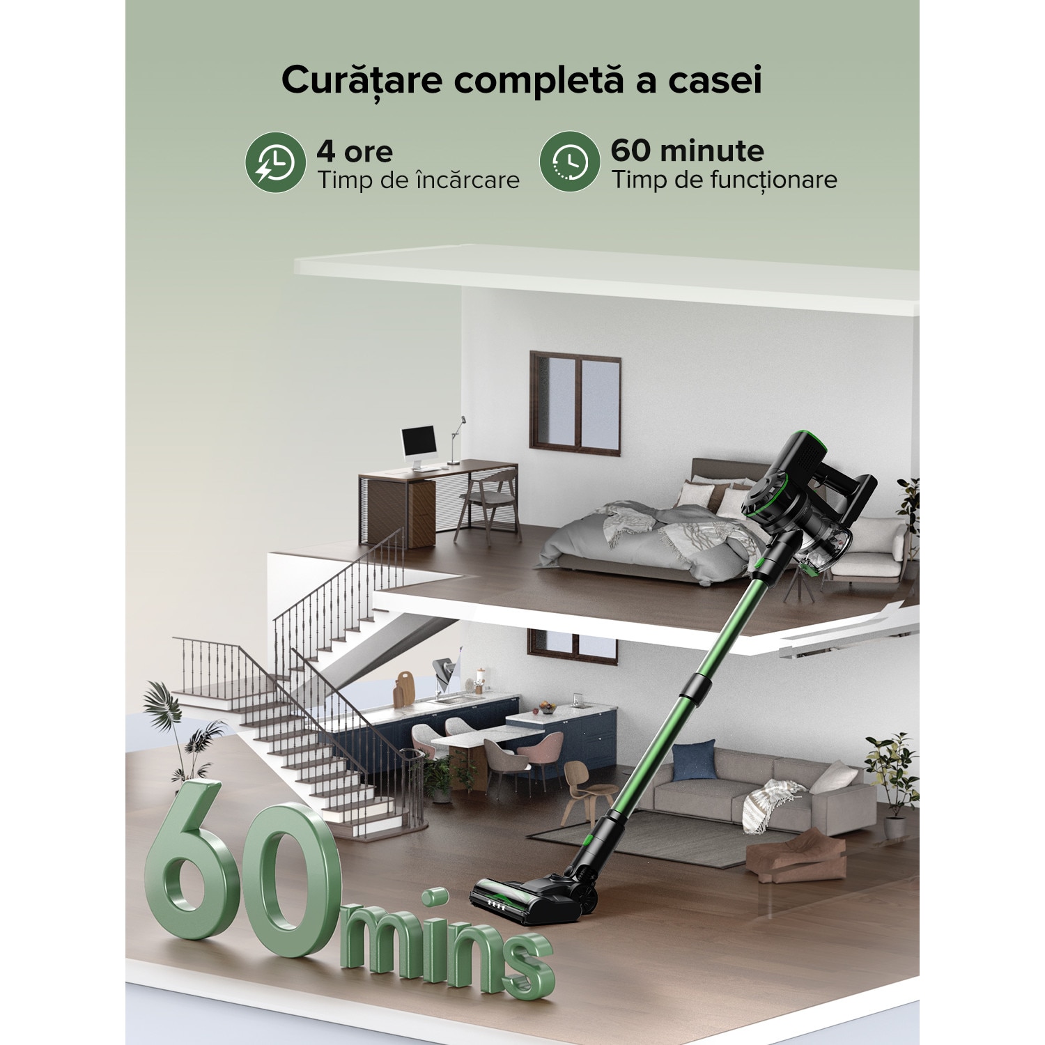 Vactidy V9 Pro Aspirator cu Acumulator 6 in 1, fara Fir, 550W/45 KPa/60 Minute, fara Fir, Perie EasyGrab™, Sistem de Filtrare de 4 Etape